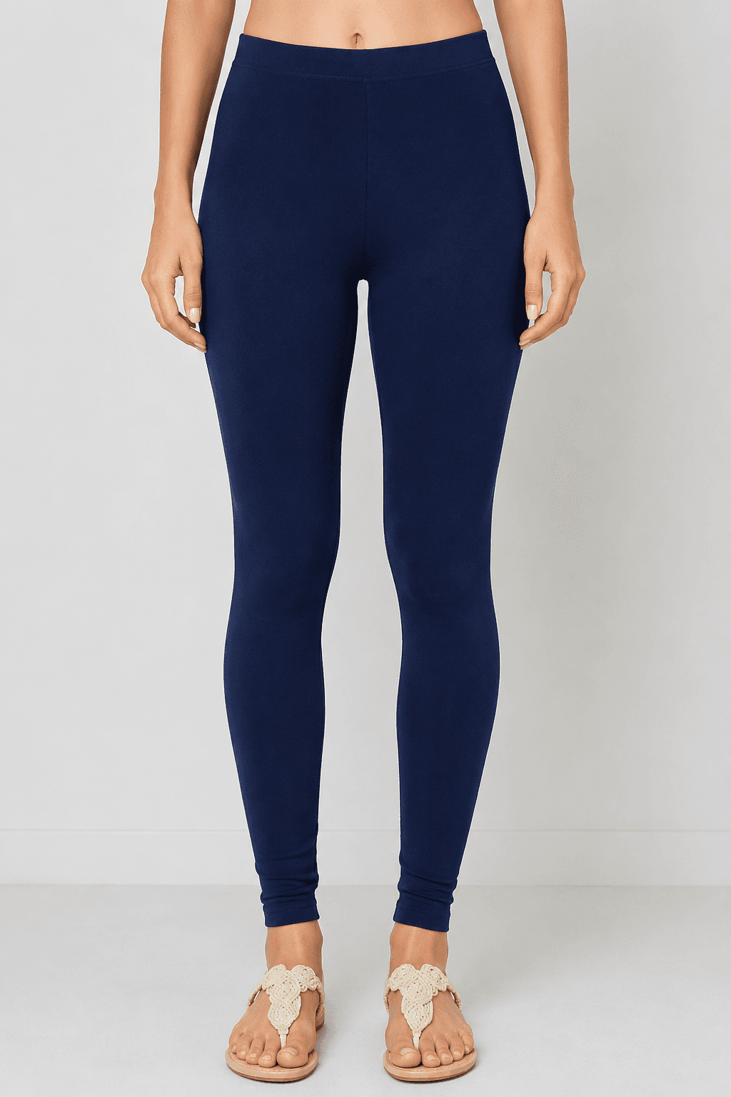 Navy Blue Cotton High-Waist Leggings — Front View