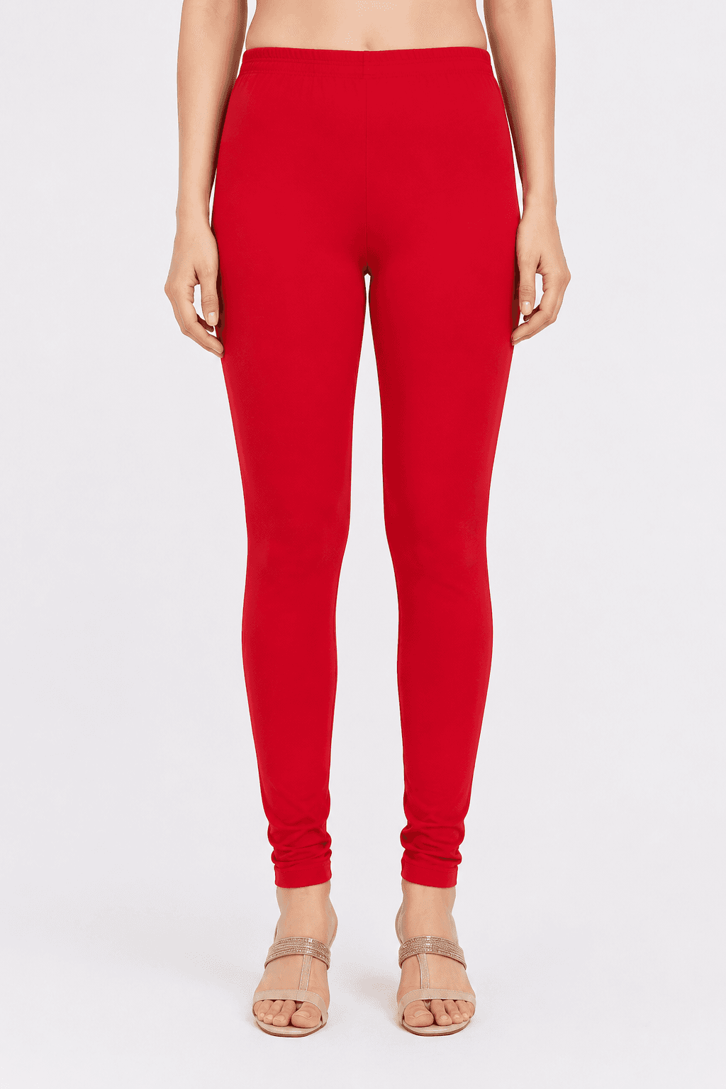 Red Cotton High-Waist Leggings — Front View